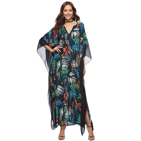 2022 Floral Print Casual Split Batwing Sleeve Maxi Loose Dress