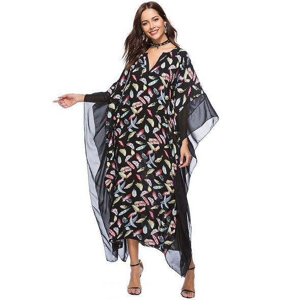 2022 Floral Print Casual Split Batwing Sleeve Maxi Loose Dress