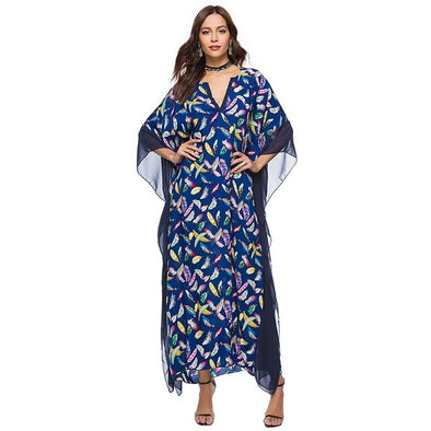 2022 Floral Print Casual Split Batwing Sleeve Maxi Loose Dress