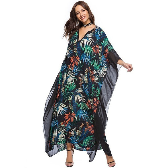 2022 Floral Print Casual Split Batwing Sleeve Maxi Loose Dress