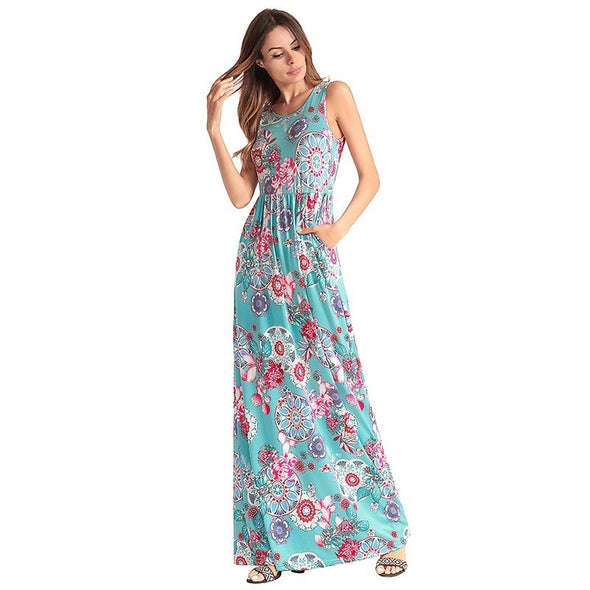 2022 Ethnic Floral Print Sexy Tank Sleeveless Summer Casual Women Maxi Dress