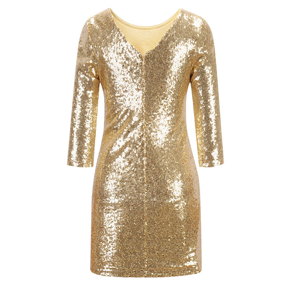 New women's sexy slim thin sleeves hip sequin dress