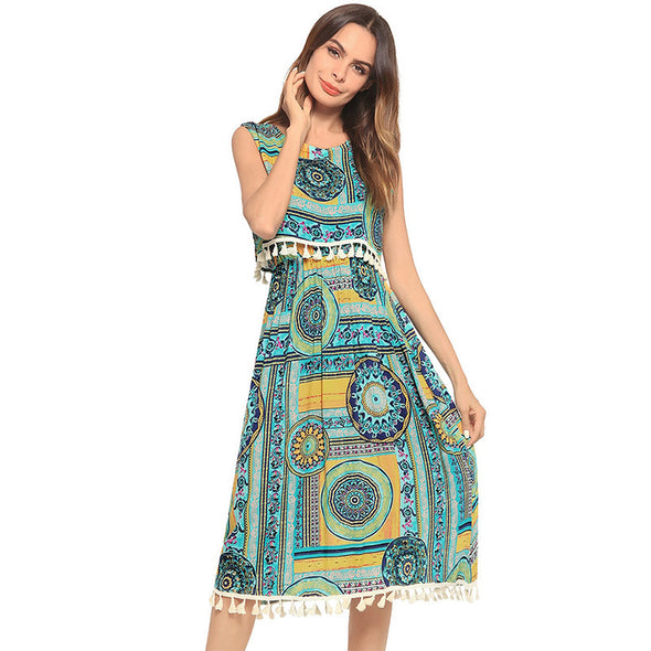 2022 Summer Print Dress Tassel Casual Tank O Neck Sleeveless Dresses