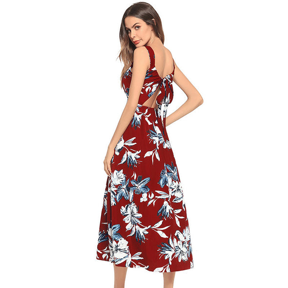 Sexy Bohemian Backless Dress Floral Print Summer Party Dress