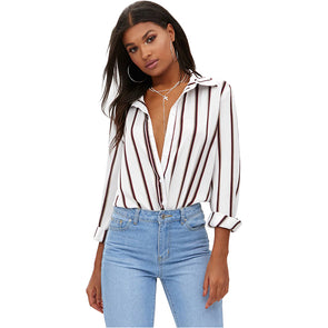 Women Deep V-Neck Turn Down Collar Casual Striped Blouses