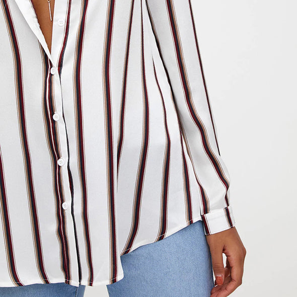 Women Deep V-Neck Turn Down Collar Casual Striped Blouses