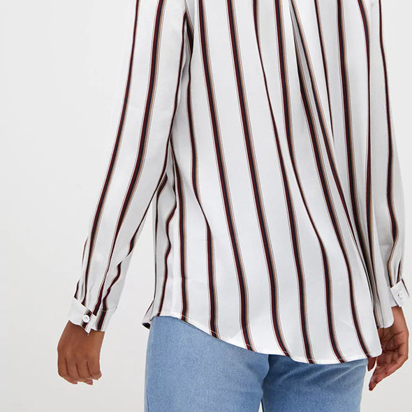 Women Deep V-Neck Turn Down Collar Casual Striped Blouses