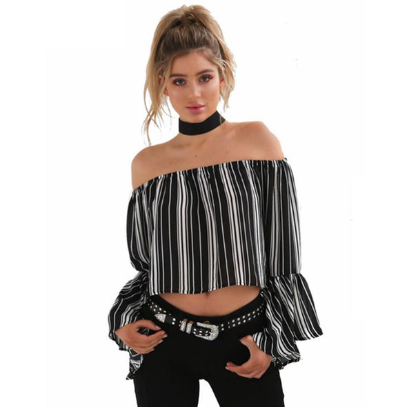 Women Sexy Slash Neck Off Shoulder Striped Chiffon Blouse