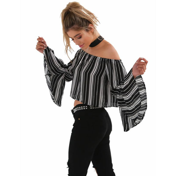 Women Sexy Slash Neck Off Shoulder Striped Chiffon Blouse