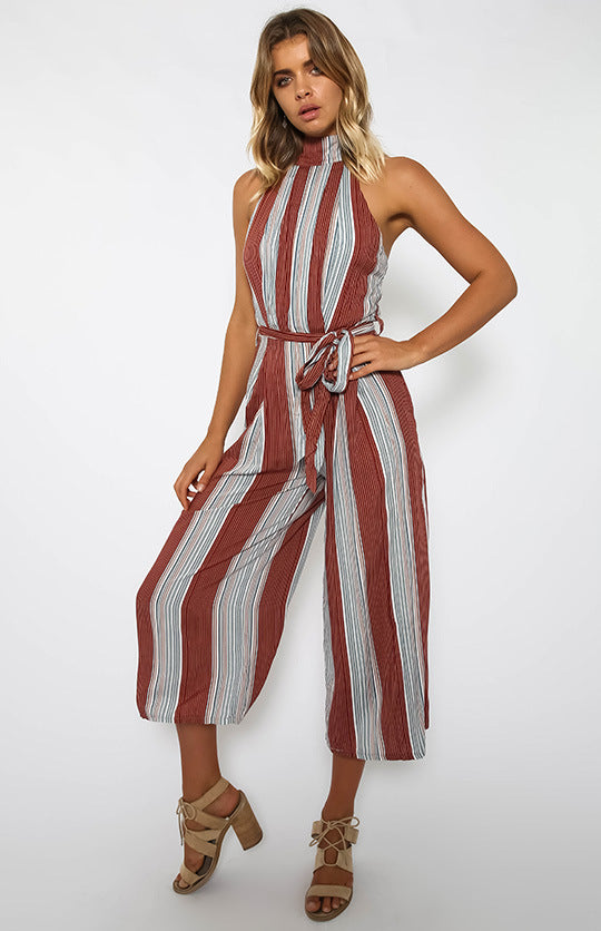 Women Sexy Belt Striped Jumpsuits