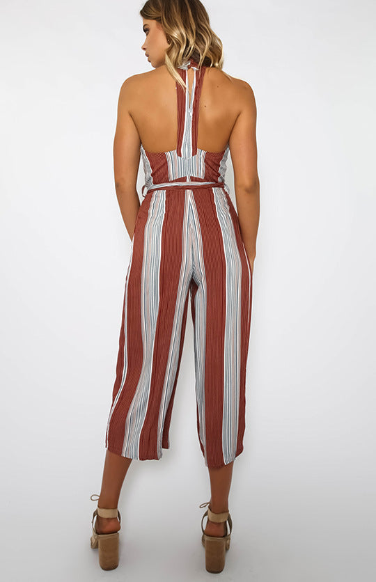 Women Sexy Belt Striped Jumpsuits