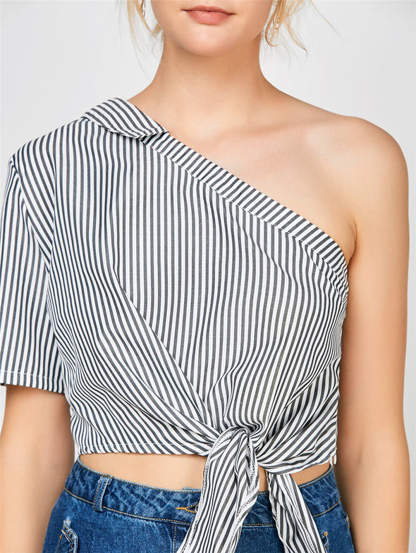 Women Sexy Shoulder Tops Cotton Casual Striped  Crop Top Shirts