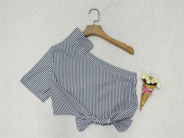 Women Sexy Shoulder Tops Cotton Casual Striped  Crop Top Shirts