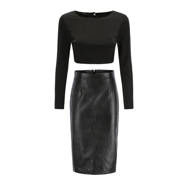 Women Set Black Sexy Sets Long Sleeve Backless  PU Leather 2 Piece Dress  Set