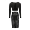 Women Set Black Sexy Sets Long Sleeve Backless  PU Leather 2 Piece Dress  Set