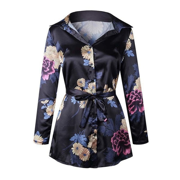 Sexy Deep V  Floral Print Long Sleeve Shirts Casual Tops Female