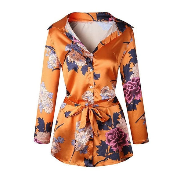 Sexy Deep V  Floral Print Long Sleeve Shirts Casual Tops Female