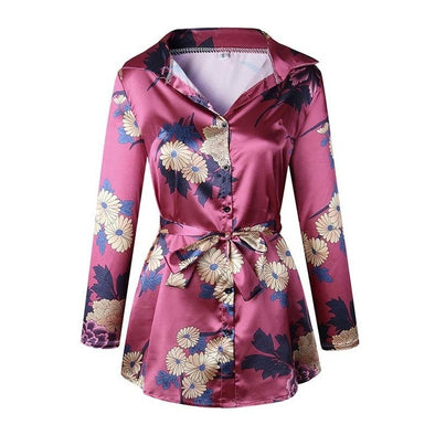 Sexy Deep V  Floral Print Long Sleeve Shirts Casual Tops Female