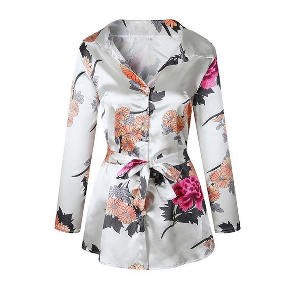 Sexy Deep V  Floral Print Long Sleeve Shirts Casual Tops Female