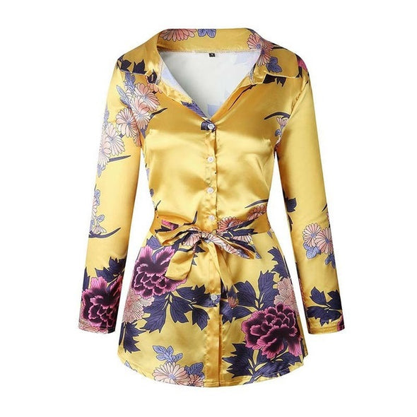 Sexy Deep V  Floral Print Long Sleeve Shirts Casual Tops Female