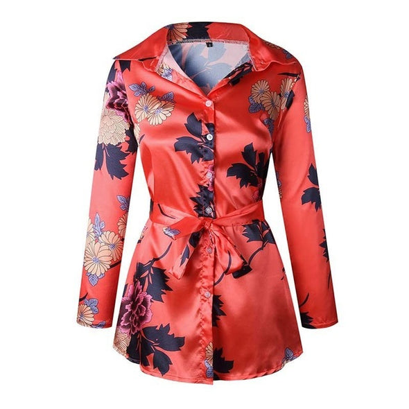 Sexy Deep V  Floral Print Long Sleeve Shirts Casual Tops Female