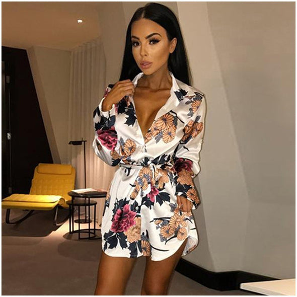 Sexy Deep V  Floral Print Long Sleeve Shirts Casual Tops Female