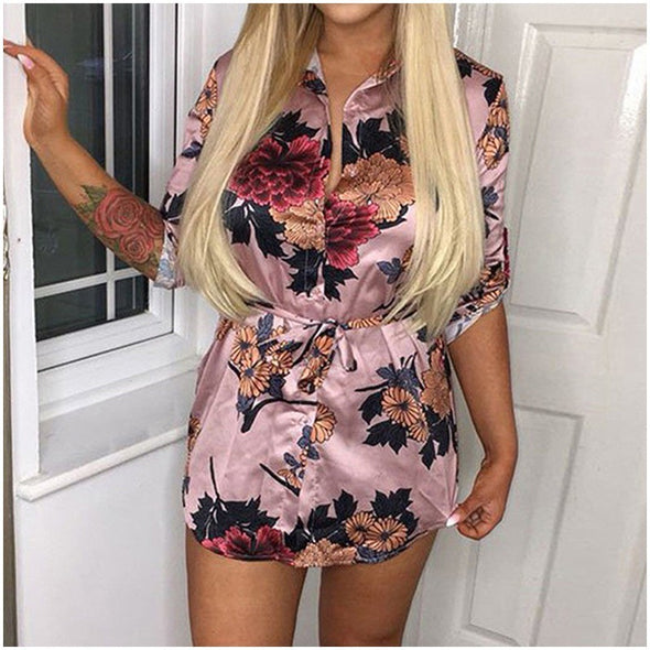 Sexy Deep V  Floral Print Long Sleeve Shirts Casual Tops Female