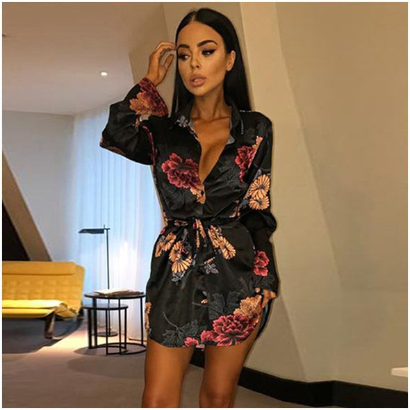 Sexy Deep V  Floral Print Long Sleeve Shirts Casual Tops Female