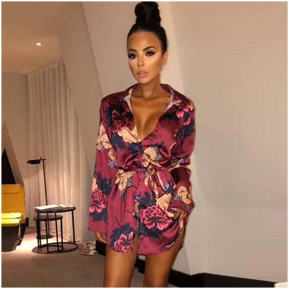 Sexy Deep V  Floral Print Long Sleeve Shirts Casual Tops Female