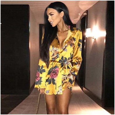 Sexy Deep V  Floral Print Long Sleeve Shirts Casual Tops Female