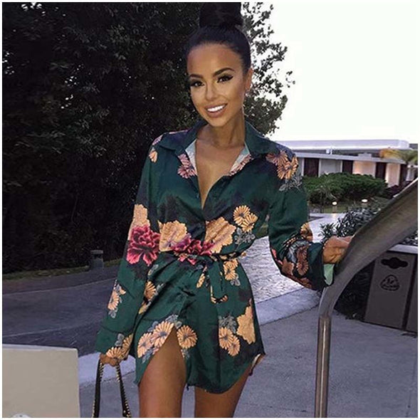 Sexy Deep V  Floral Print Long Sleeve Shirts Casual Tops Female