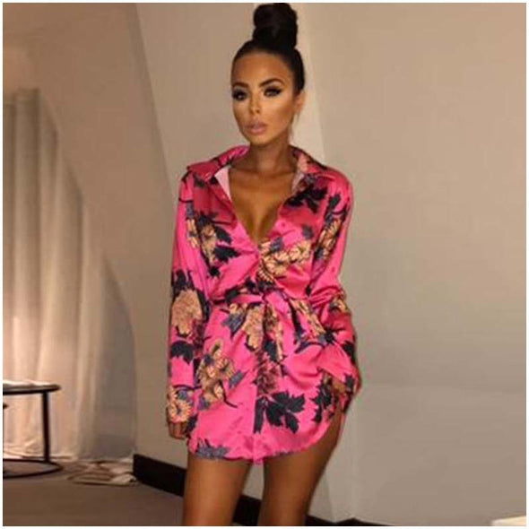 Sexy Deep V  Floral Print Long Sleeve Shirts Casual Tops Female