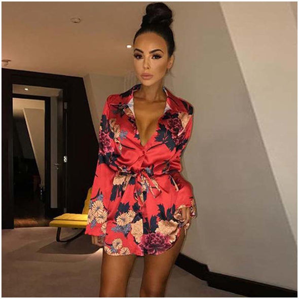 Sexy Deep V  Floral Print Long Sleeve Shirts Casual Tops Female