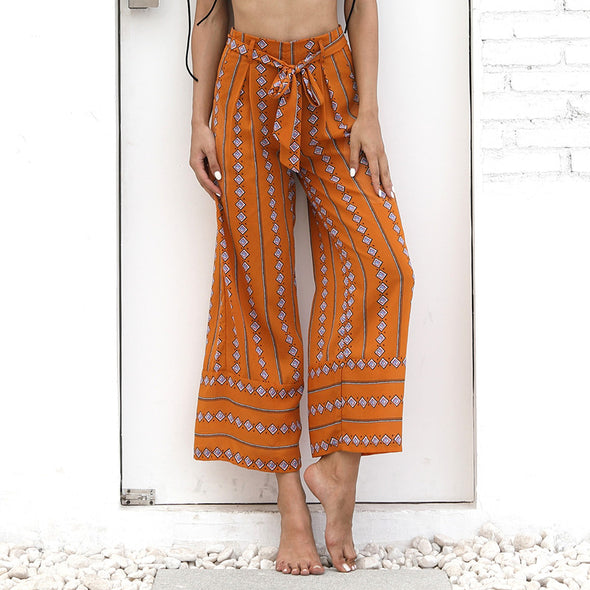 Women boho loose wide leg high waist pants