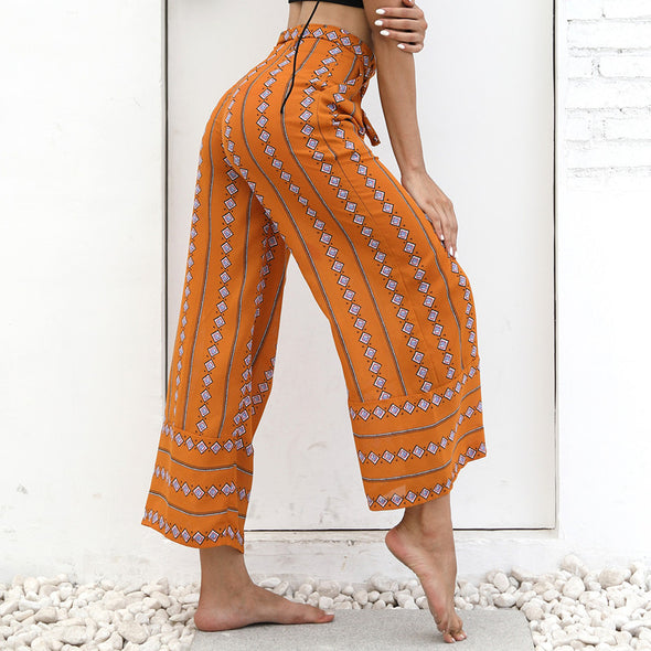 Women boho loose wide leg high waist pants