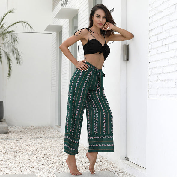 Women boho loose wide leg high waist pants