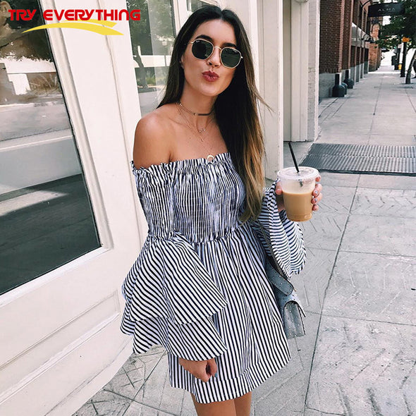 Women Fashion Off Shoulder Flare Sleeve Slash Neck Mini Dress