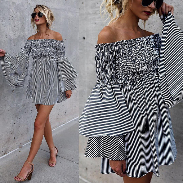 Women Fashion Off Shoulder Flare Sleeve Slash Neck Mini Dress