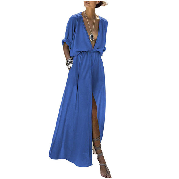 2022 Women  Summer  Half Sleeve Solid  Party Long  Dress