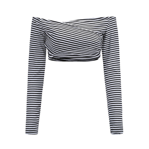 Women Spandex Knitted Stripe Long Sleeve Top