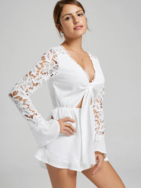 Women's lace spell sexy long-sleeved ruffled jumpsuit