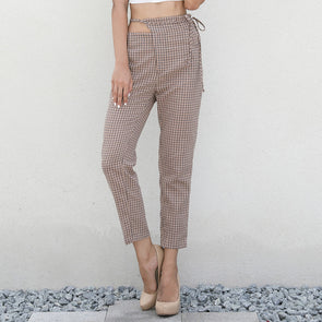 Women  high waist plaid casual khaki pencil pants