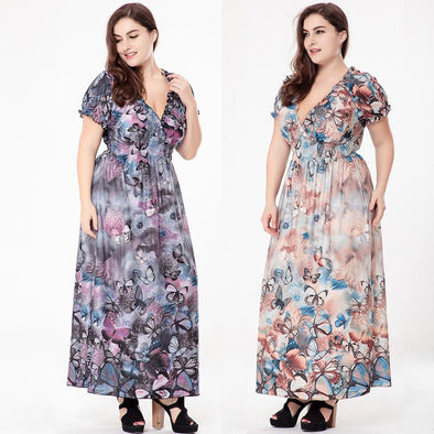 Butterfly Print Beach Casual Tunic Plus Size Maxi Dresses