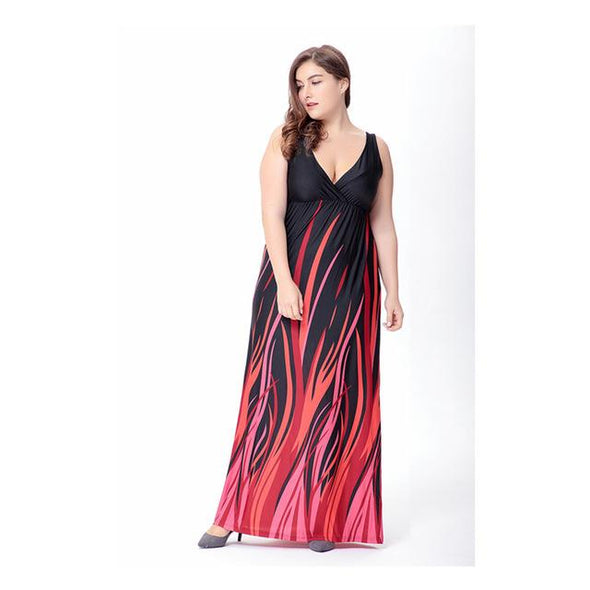 Bohemian Striped Sleeveless Deep V Neck Sexy Plus Size Maxi Dresses