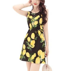 Fashion Rose Printted O-Neck Sleeveless Tank Dress