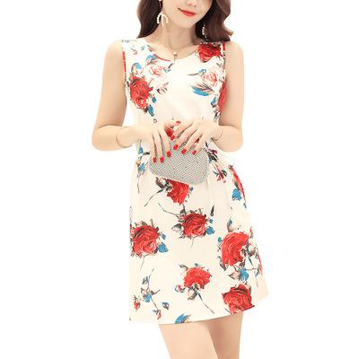 Fashion Rose Printted O-Neck Sleeveless Tank Dress