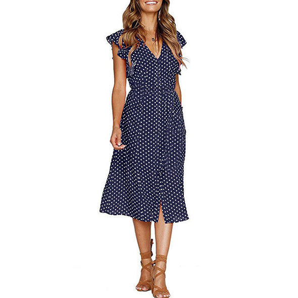 Women's polka dot ruffled V-neck dress