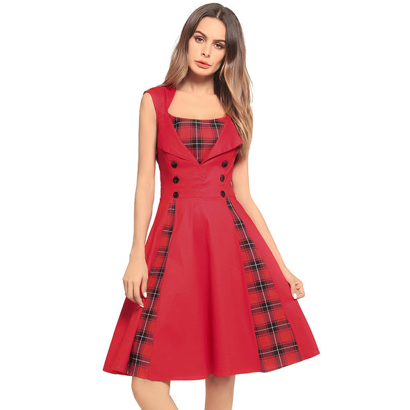 2022 new plaid stitching dress