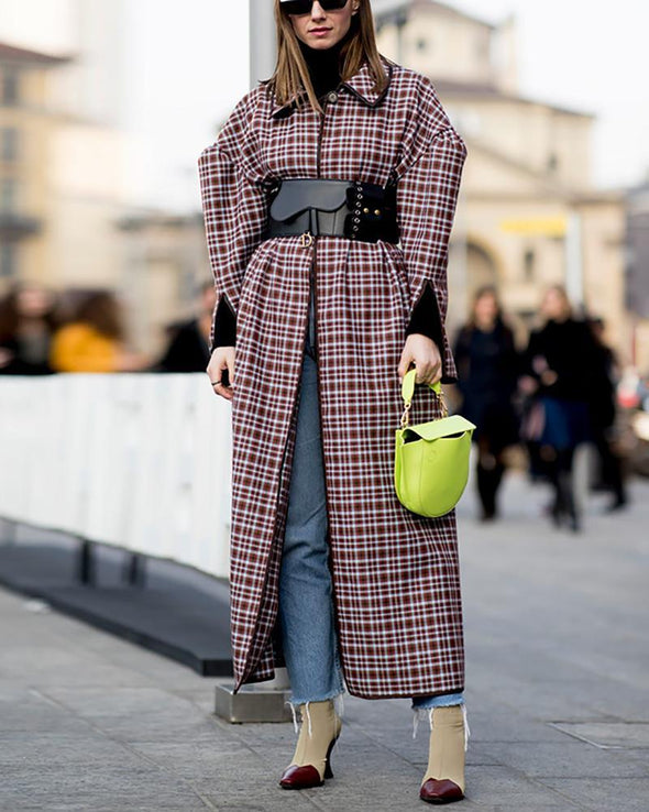 Fashion Lapel Long-Sleeved Plaid Overcoat