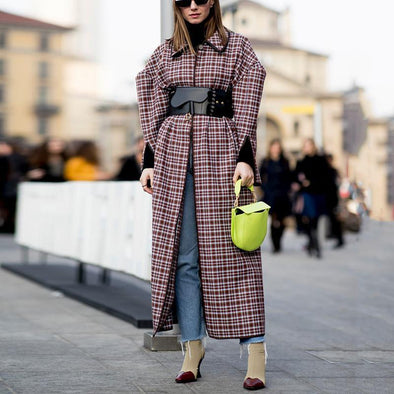 Fashion Lapel Long-Sleeved Plaid Overcoat